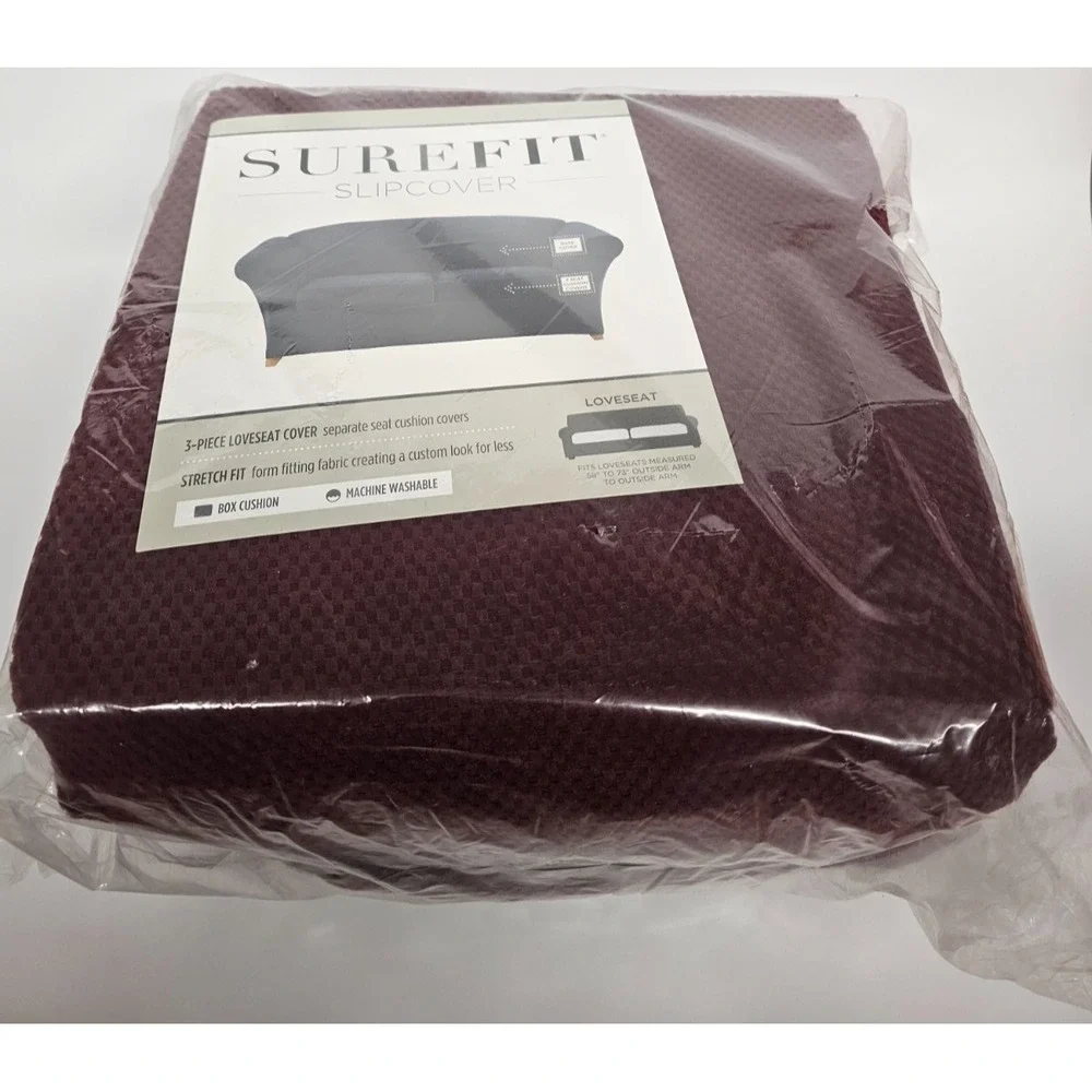 New Surefit crushed pique garnet red loveseat slip box cushion 3 piece cover